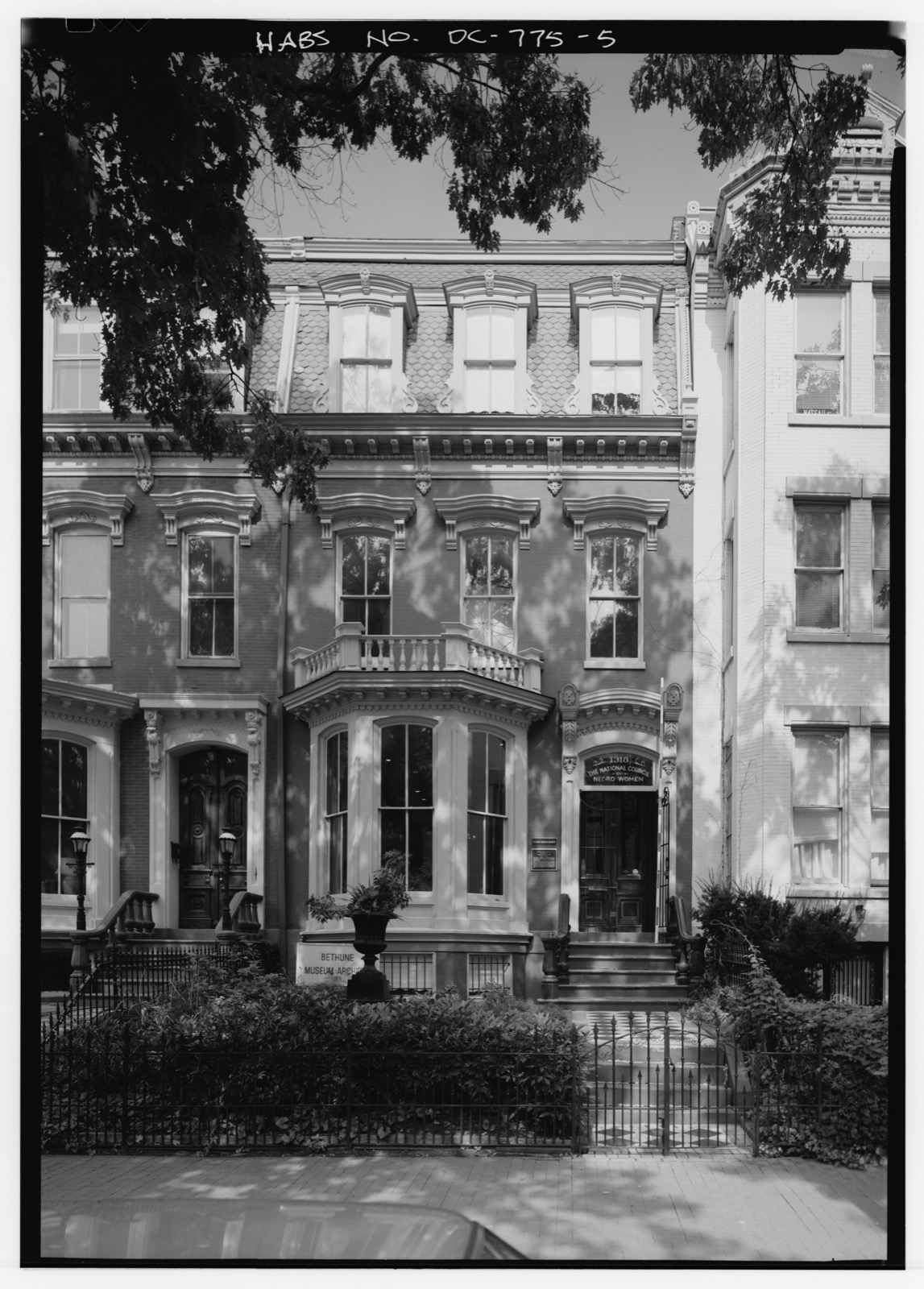 Facade of the Mary McLeod Bethune Council House in Washington, DC, photographed for the Historic American Buildings Survey.