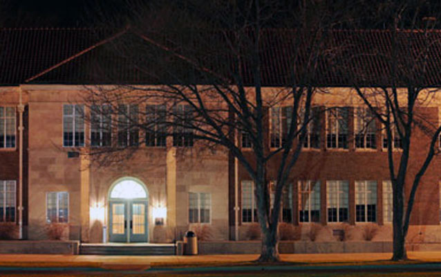Monroe Elementary School at night, part of Brown v. Board of Education National Historical Park.