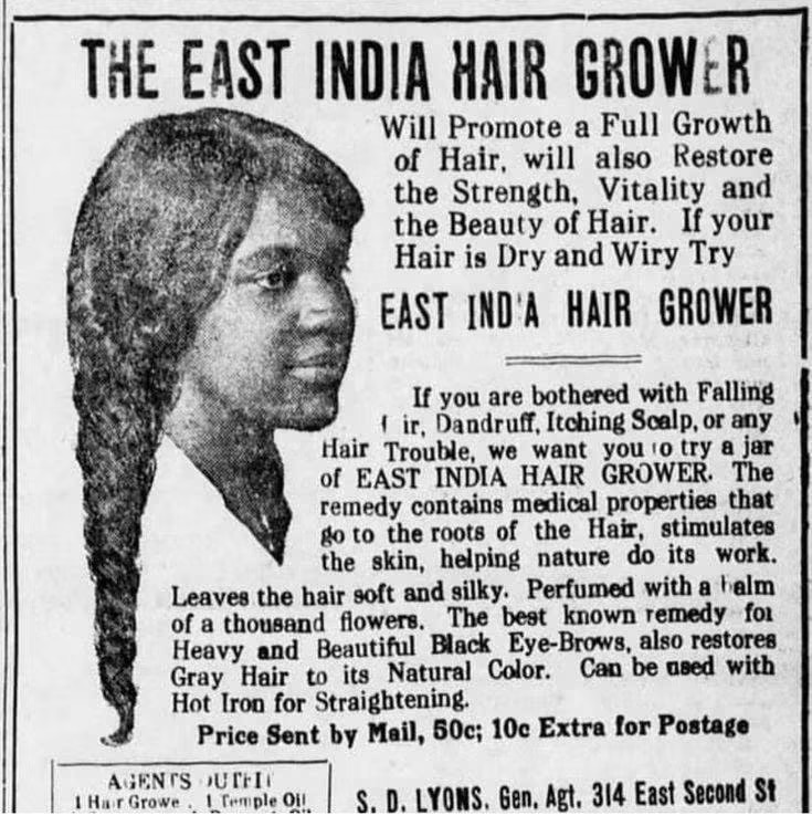 Black-and-white East India Hair Grower newspaper advertisement clipping.