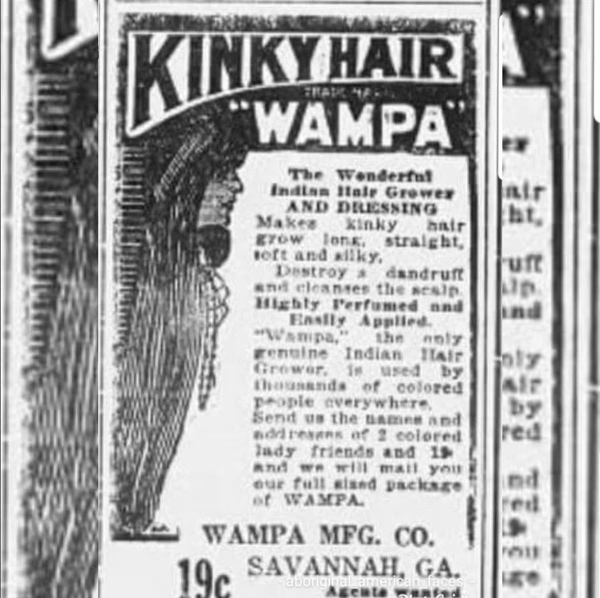 Black-and-white Wampa Indian Hair Grower newspaper advertisement clipping.