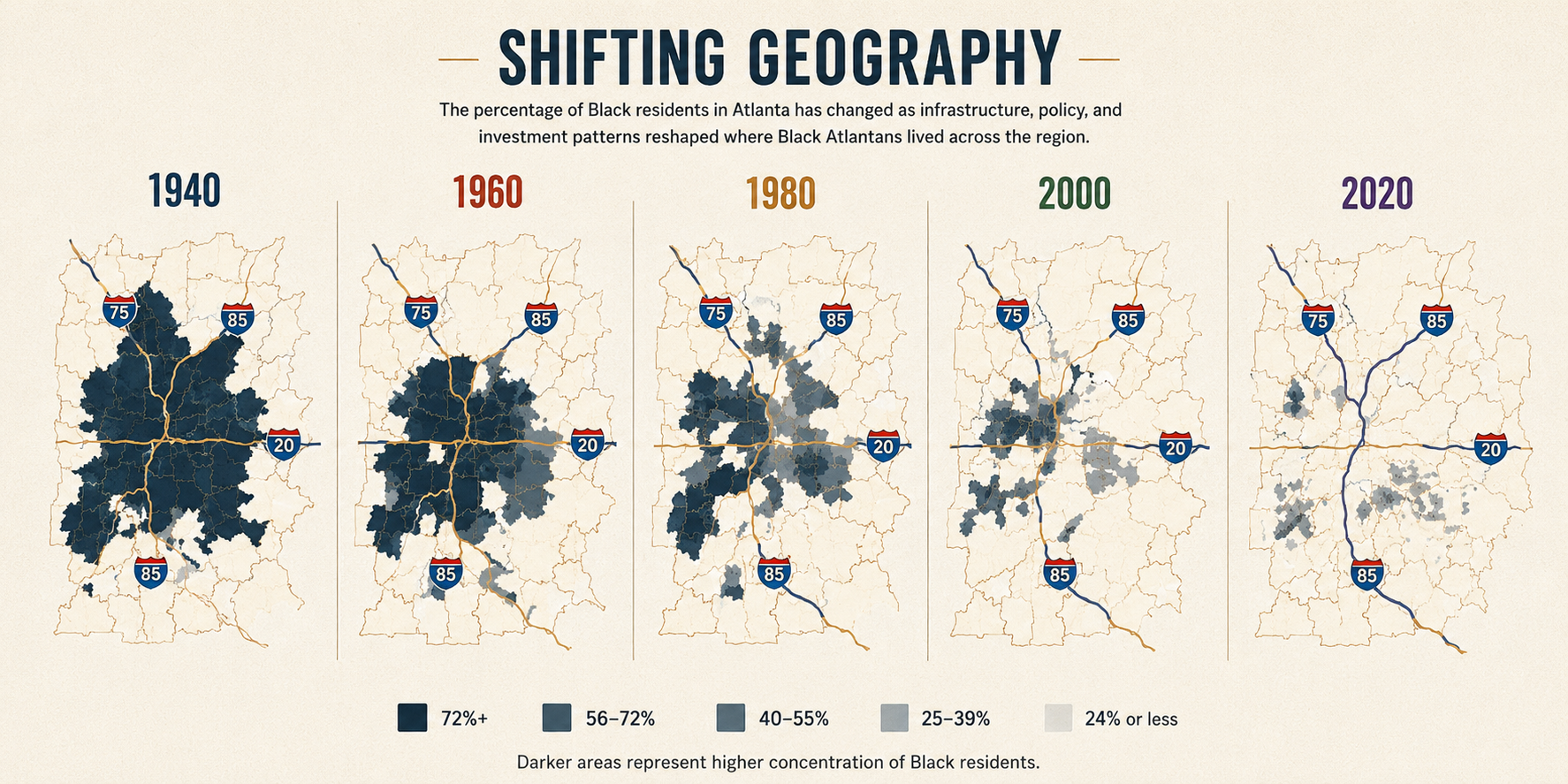 CultureUp data visualization titled Shifting Geography with five Atlanta-region map panels for 1940, 1960, 1980, 2000, and 2020 showing changing concentrations of Black residents.