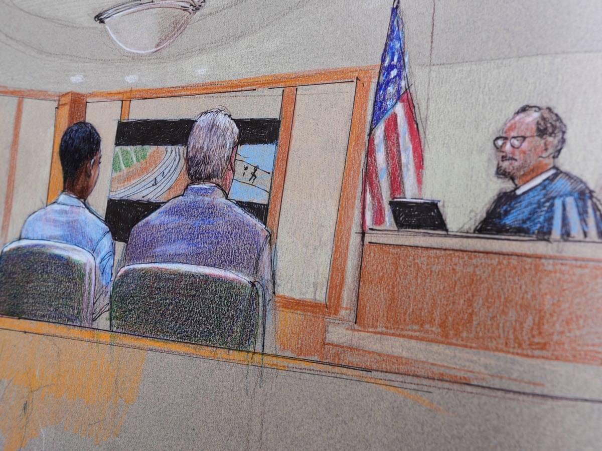 Courtroom sketch showing a trial participant, counsel, and the judge in court.