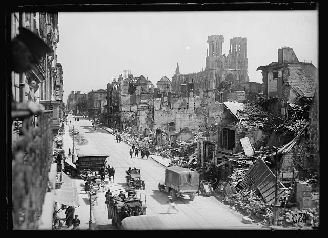 Library of Congress black-and-white street photograph showing ruins and rebuilding after wartime destruction.