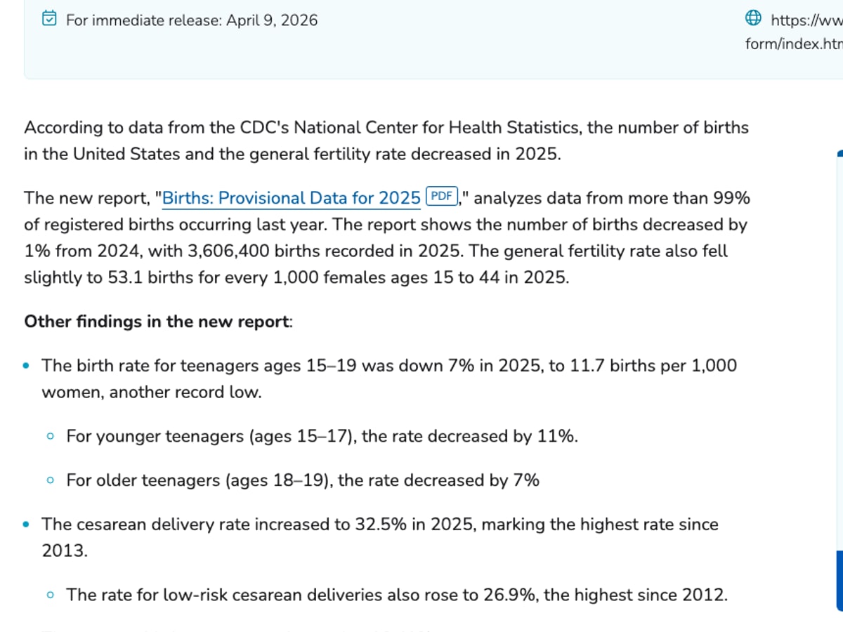 CDC NCHS source text summarizing the 2025 provisional birth decline and fertility-rate change.