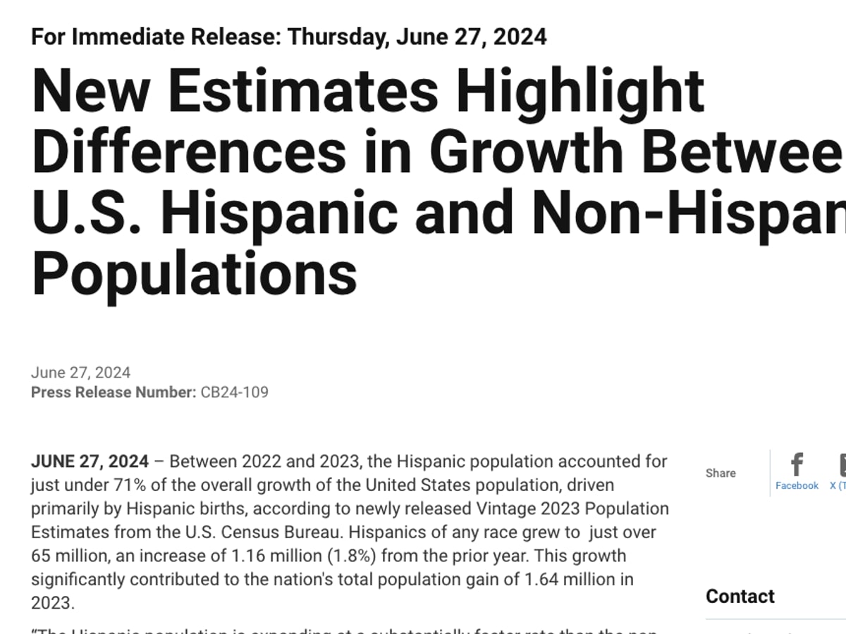 U.S. Census Bureau source page on growth differences between Hispanic and non-Hispanic populations.