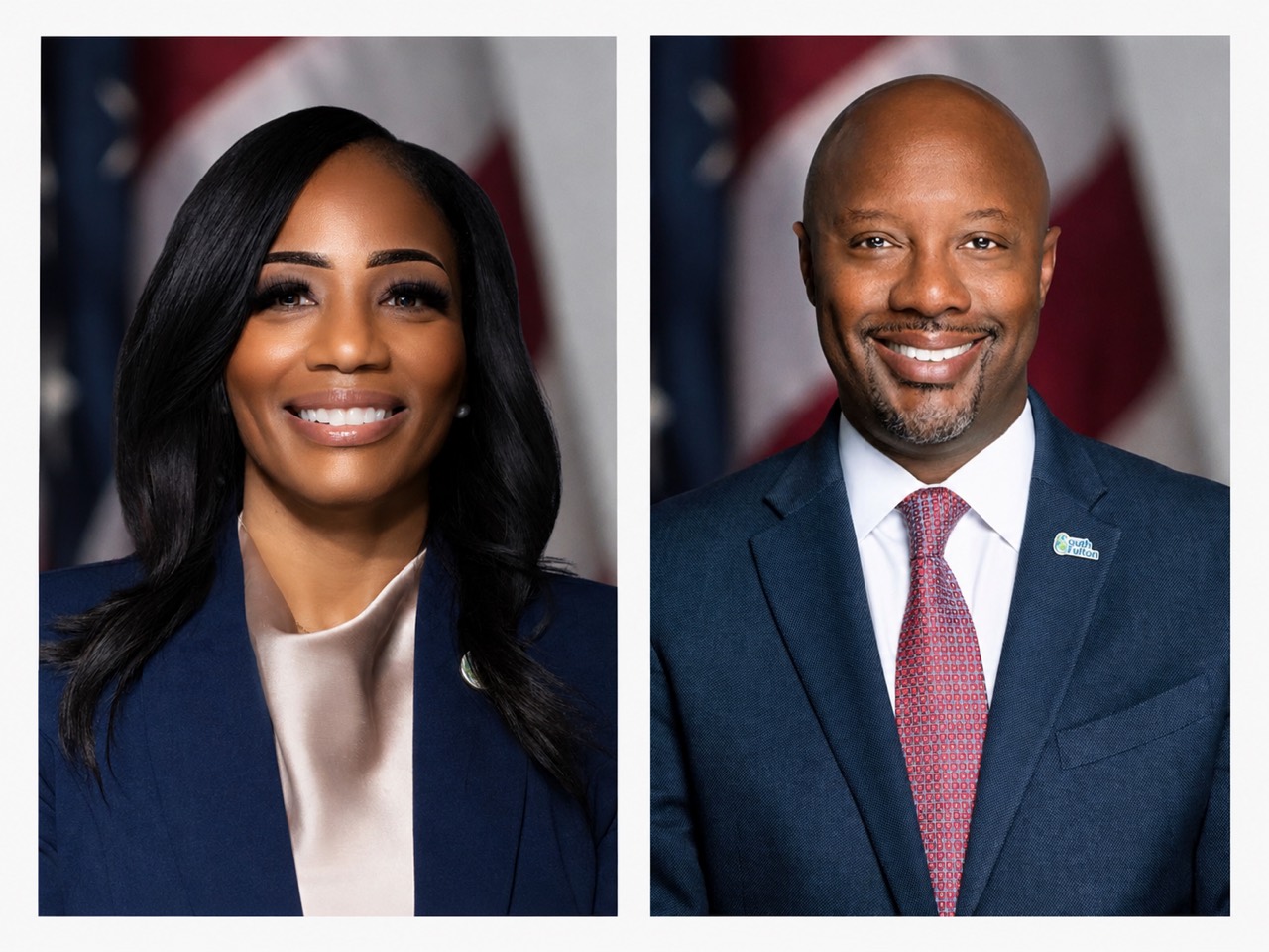 Side-by-side official portraits of South Fulton public officials Mayor Carmalitha Gumbs and Councilman Mark Baker.