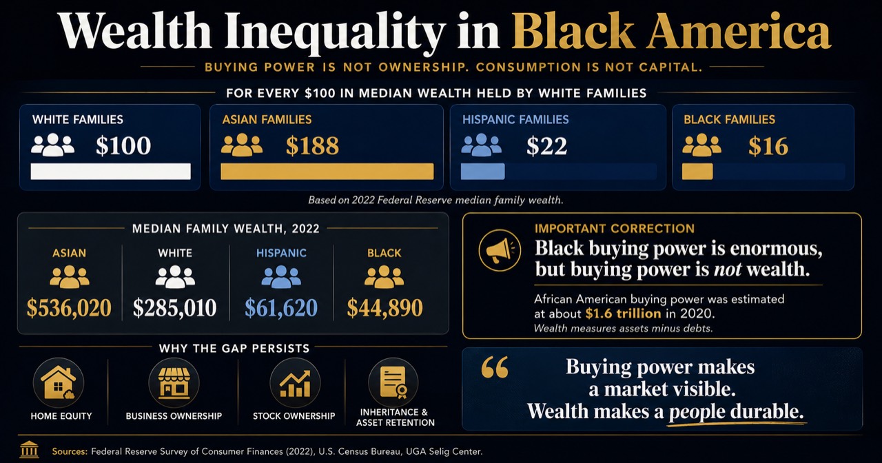 Infographic titled Wealth Inequality in Black America comparing 2022 median family wealth and buying power across U.S. family groups.