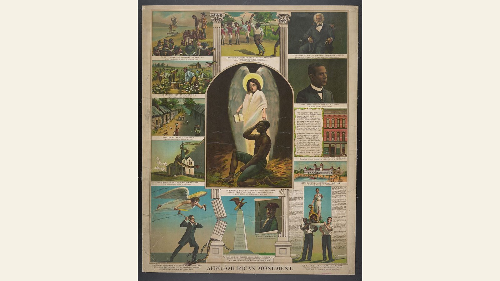 The 1897 Afro-American Monument chromolithograph showing scenes of African American history and commemoration.
