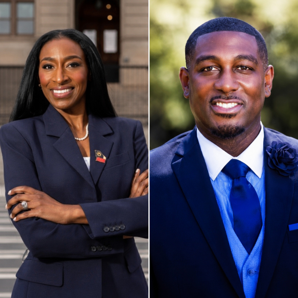 Side-by-side campaign portraits of Timoria McQueen Saba and Mark Baker.