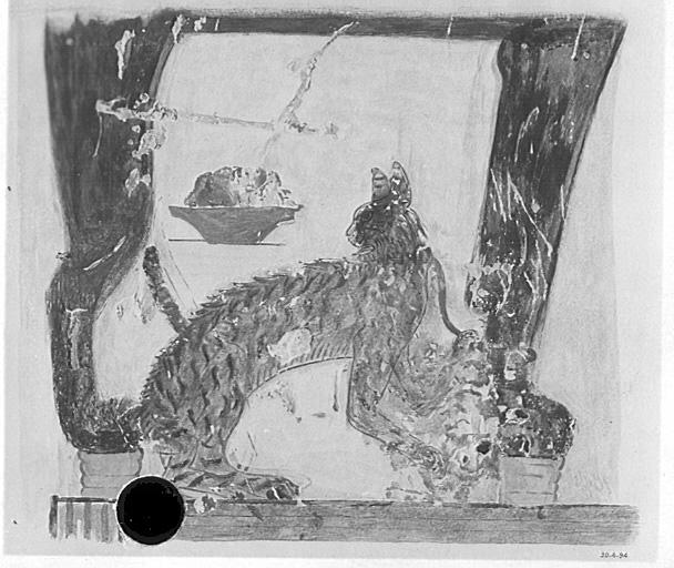 Ancient Egyptian facsimile painting showing a cat seated under a chair in the Tomb of May.